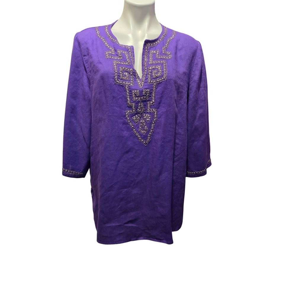 CHICOS Purple Beaded Neckline 3/4 Sleeve‎ Tunic Top Women Size 3